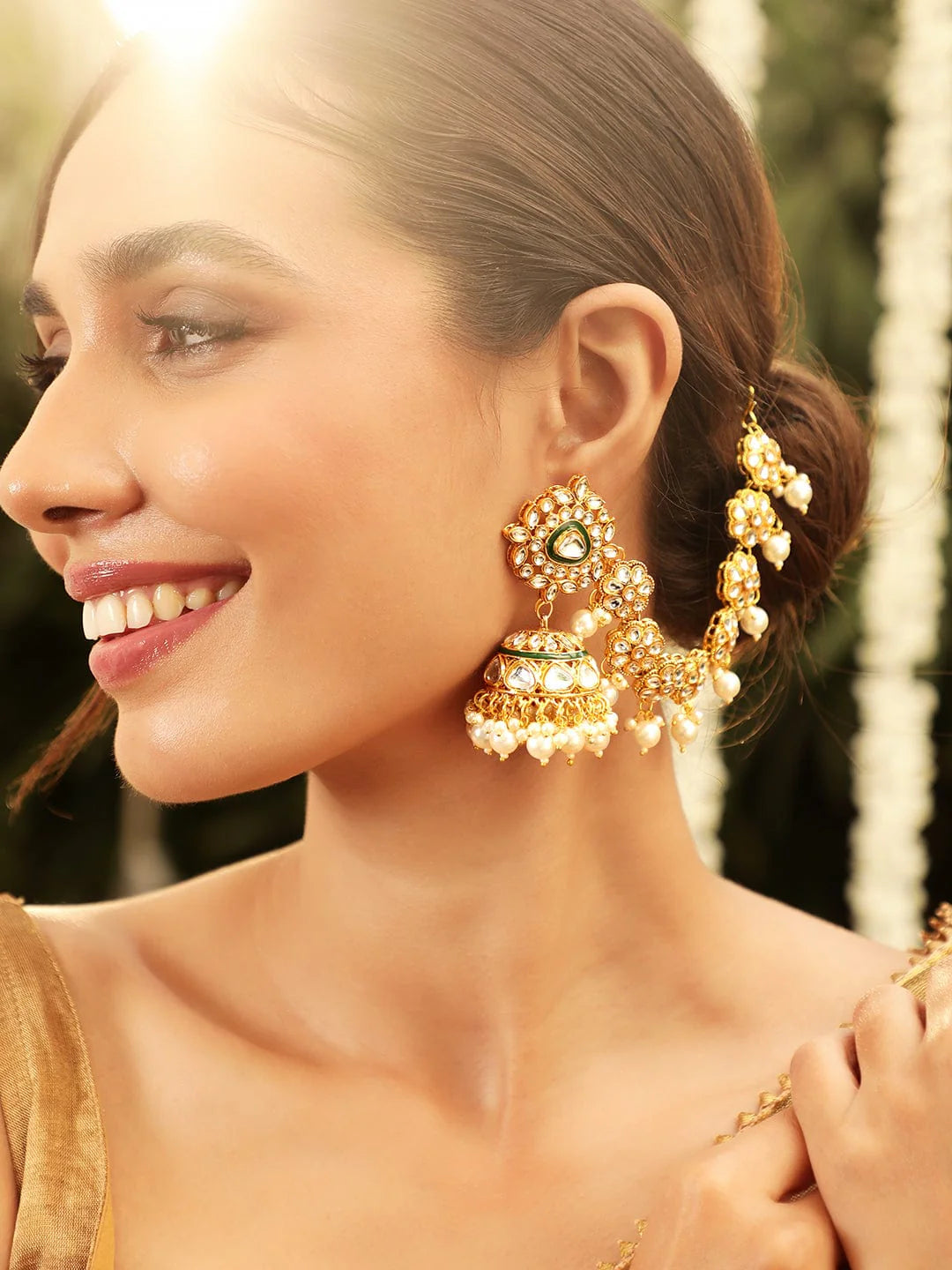 Bangalete 22K Gold plated Kundan crystal with statement Kan chain earrings