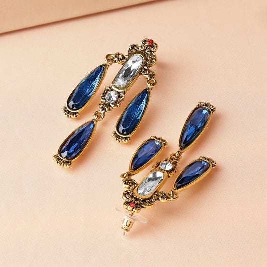 Bangalete 18K Antique Gold-Plated Blue & White Stone Chandelier Earrings