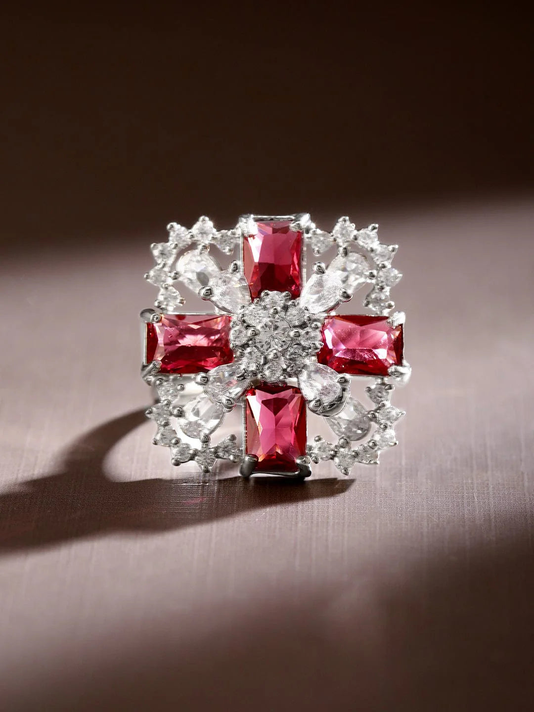 Bangalete Rhodium-Plated Ruby Pink & White CubicZirconia Studded Floral Cross Adjustable Ring