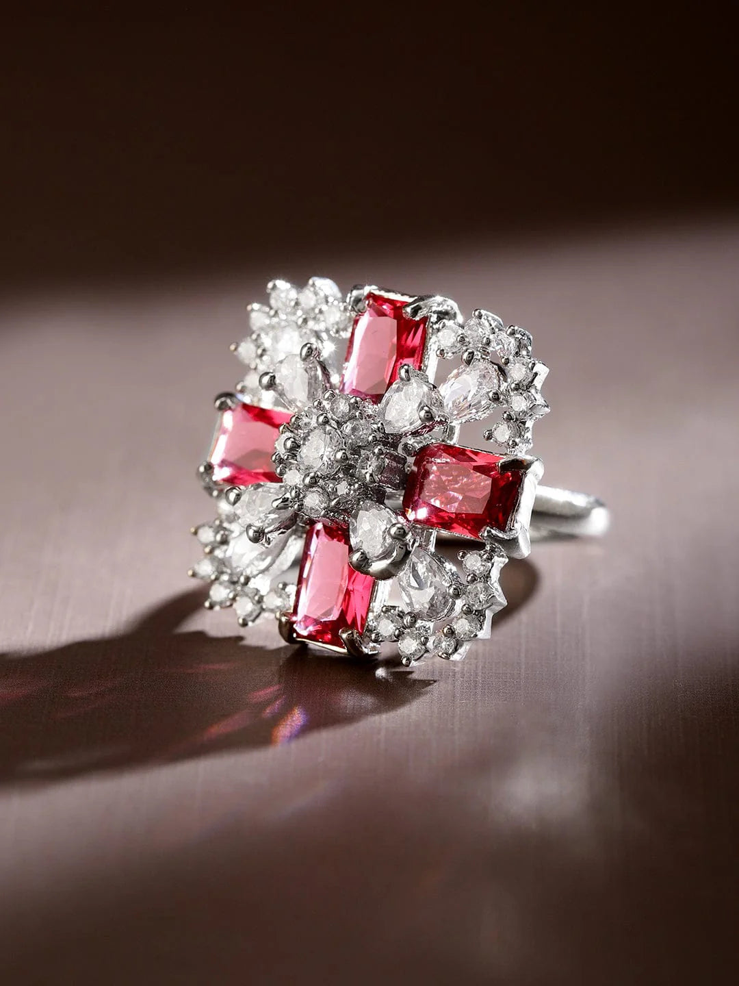 Bangalete Rhodium-Plated Ruby Pink & White CubicZirconia Studded Floral Cross Adjustable Ring