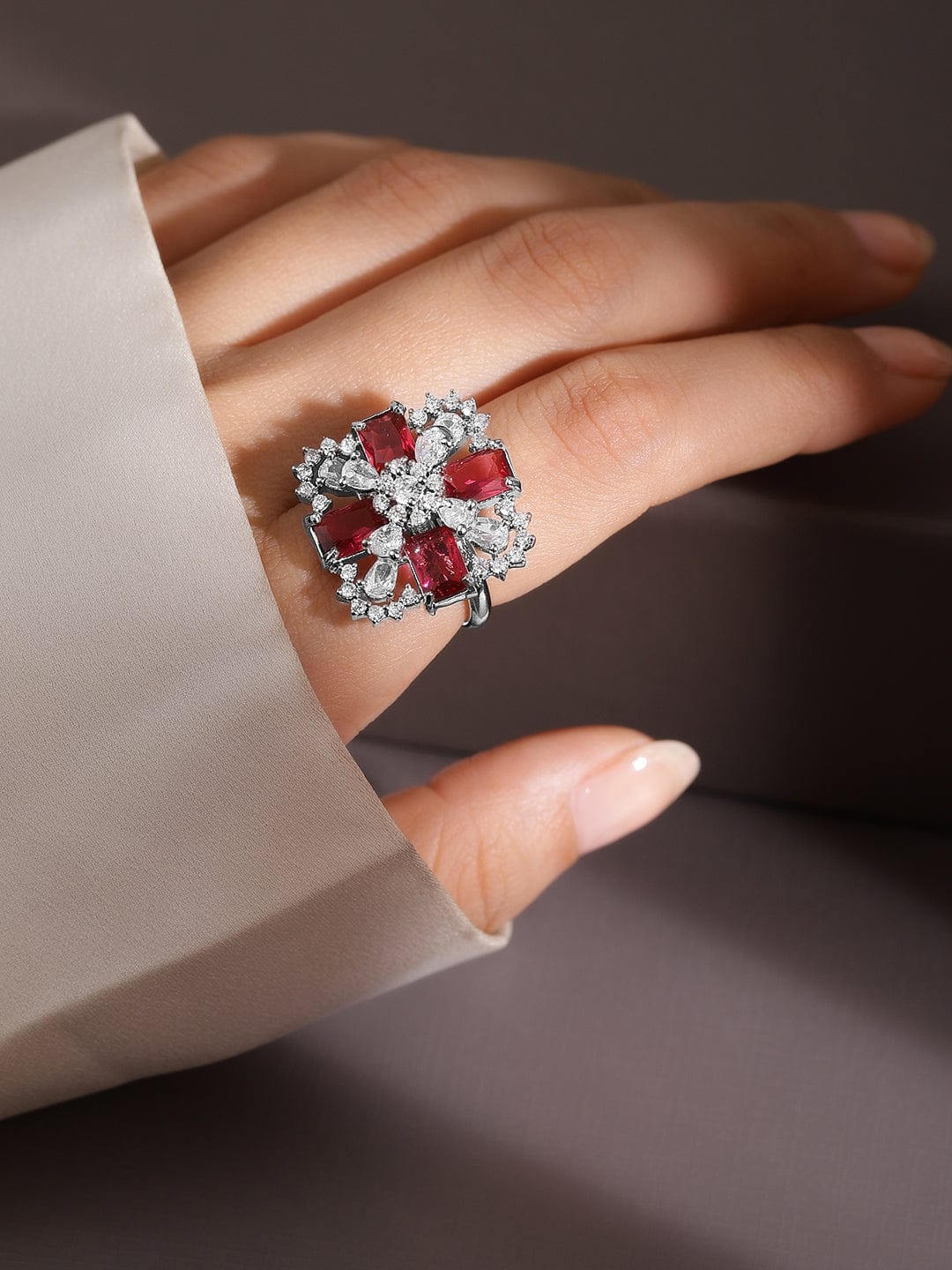 Bangalete Rhodium-Plated Ruby Pink & White CubicZirconia Studded Floral Cross Adjustable Ring